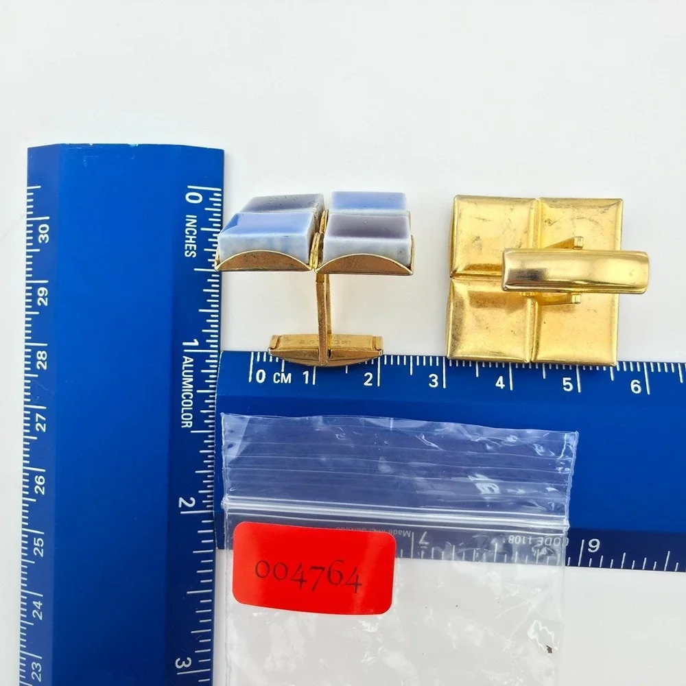 Vintage Ceramic Cufflinks Mid-Century Modern Purple Blue Enamel Tiles Gold Plate